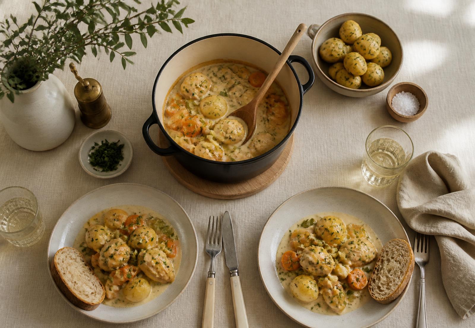 Nordisk middag med lax, potatis och dill på ett träbord